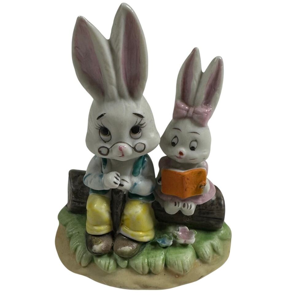 Vintage Lefton Bunny Rabbit Grandpa Girl Reading on Log Excellent Condition